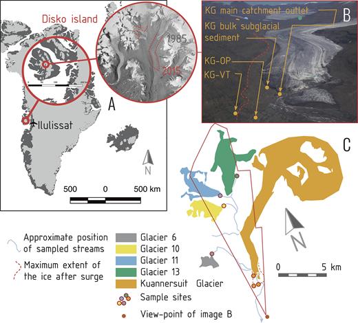 Map and scheme of sampling sites. (A) Position of Kuannersuit Valley in the central part of Disko Island. The red outline indicates the present position of the Kuannersuit glacier and stream, which has advanced since the time the aerial picture was taken (1985). (B) KG sampling sites and the loss of ice mass along the western margin of Kuannersuit glacier between the surge culmination in 1998 and the summer 2015 (dashed red line). (C) Schematic of glaciers interconnected with streams. The red outline shows the cut-out captured by the photograph above.