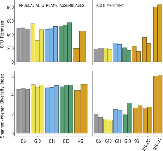 OTU richness and Shannon-Wiener index for proglacial streams assemblages (left) and bulk sediment samples (right). The colors match the scheme in Fig. 1. KG old vegetated terrace is marked as KG-VT and KG outwash plain as KG-OP.