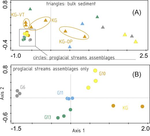 NMDS plots of all samples (A) based on UNIFRAC distances demonstrating the difference in variability of proglacial streams assemblage (circles) and bulk sediment samples (triangles), (B) variability of proglacial streams assemblages from different glaciers only. The colors of symbols correspond to the map in Fig. 1.