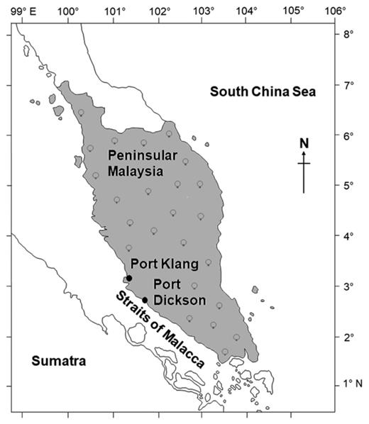 Map showing the location of Port Klang (03°00.1′N, 101°23.4′E) and Port Dickson (02°29.5′N, 101°50.3′E), west of Peninsular Malaysia.