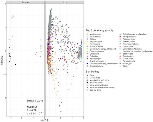 Split NMDS ordination, using Bray–Curtis dissimilarities, showing relatedness of each sample and OTU contributions (colored by genus) to sample ordination. Left panel: black and white symbols indicate sample subtype; right panel: colors indicate taxonomy.