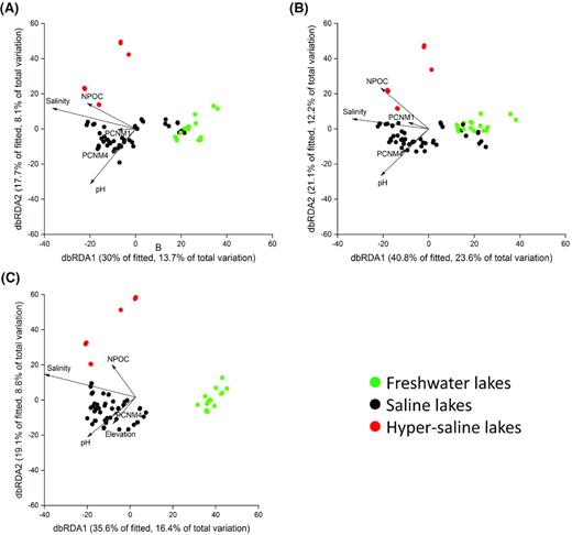 Bacterial community structure of the entire community (A), the core (B) and the indicative bacteria (C) and their driving factors based on distance-based redundancy analysis (db-RDA). Only the five most important environmental and geospatial factors are displayed. Salinity consistently explained the highest proportion of the community variations. Environmental factors with significant explanatory power are displayed. NPOC: non-particulate organic carbon; PCNM1–5: geospatial distance derived factors.