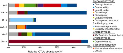 Relative abundance of dominant OTUs obtained from PPE samples (those that contributed with more than 1% in the total reads per sample). LJ (La Juanita); CH (Chascomús); LI (La Limpia); MA2 (Mar Chiquita); VI (Vitel); QU (Los Quilmes).