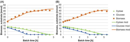 Measured and modelled glucose, xylose and biomass concentrations during the cycle analysis in the SBR (A) and CSTR (B) enrichment cultures. Both modelled results showed an R2 > 0.99.