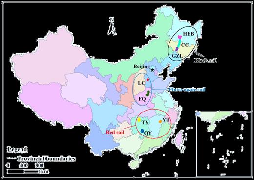 The farmland soil sampling sites in a regional map of China. Abbreviation in the map: TY, Taoyuan; QY, Qiyang; YT, Yingtan; FQ, Fengqiu; LC, Luancheng; GZL, Gongzhuling; CC, Changchun; HEB, Haerbin.
