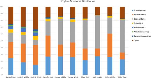Relative abundance of reads of bacterial phyla. ‘Control’ sites are from bare areas, ‘female’ are from under the leaves of female Welwitschia plants, ‘male’ are from under the leaves of male plants.