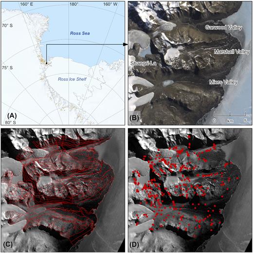 A map of the Ross Sea Region of Antarctica (A), indicating the location of the study area (B), tile boundaries (C) and sample sites (D).