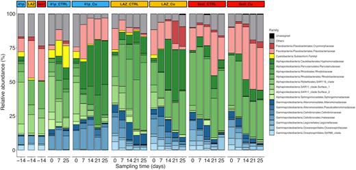 Composition of heterotrophic microbial community at the family level in initial seawaters and in the six conditions over the entire course of both control and Cu-treated conditions from all mesocosm experiments. Each bar represents the relative abundance of family in the studied samples. Families that on average comprised <1% of the libraries are grouped as ‘Others.’