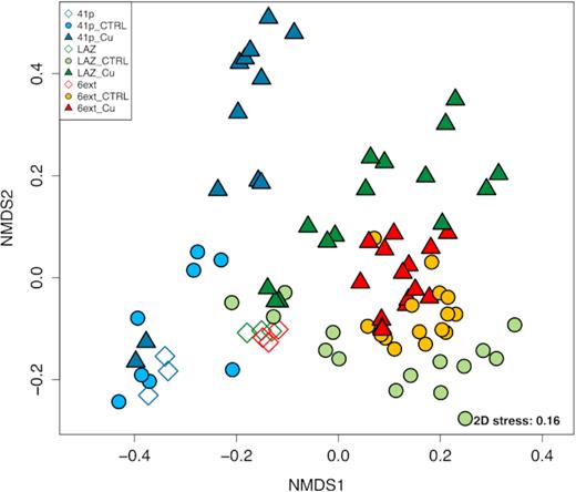 nMDS ordination based on Bray–Curtis dissimilarity for 16S rRNA gene libraries between the different conditions of both control and Cu-treated conditions from all mesocosm experiments. Each symbol corresponds to a distinct condition, time and replicate. Empty symbols represent initial seawater samples.