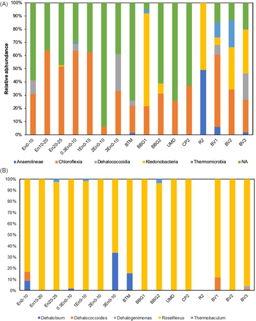 (A) Relative abundance of bacterial OTUs at class level of a monophyletic group within Chloroflexi at different sites; (B) relative abundance of identified bacterial OTUs at genus level of a monophyletic group within Chloroflexi at different sites.