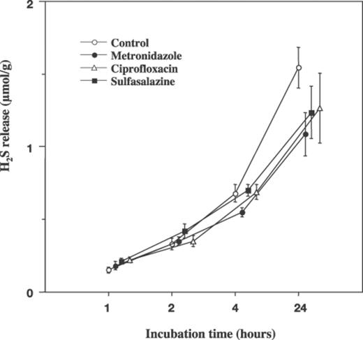 The rate of fecal H2S release during incubation at 37°C for 24 h. Administration of metronidazole, ciprofloxacin or sulfasalazine had no statistically significant effect on H2S release at any time point.