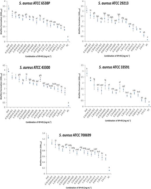 Effect of combination of betacyanin fractions from red pitahaya (RP) and red spinach (RS) at different concentrations against biofilm formation of S. aureus on a polystyrene surface. Different lowercase letters indicate significant difference in biofilm formation at P < 0.05. PC: positive control (sodium hypochlorite was used).
