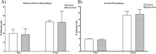 Effect of anti-CD14 antibodies on entry of M. tuberculosis into human monocyte-derived macrophages and alveolar macrophages. Monocyte-derived macrophages (panel A) and alveolar macrophages (panel B) were incubated with anti-CD14 (MY4) for 60 min and control cells were untreated. Monocytes were then infected with GFP-expressing M. tuberculosis, and flow cytometry (panel A) and fluorescent microscopy (panel B) were performed after 4 and 24 h. The means and standard errors for three independent experiments are shown.