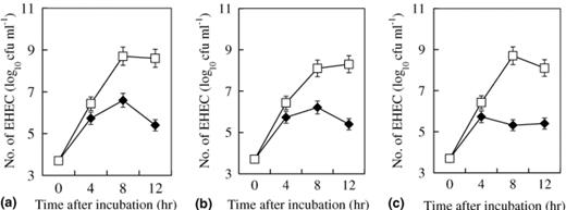 Inhibitory effect of C. butyricum on the growth of (a) EHEC O157:H7 strain 6 (Stx1+, Stx2+, eaeA+), (b) EHEC O157:H7 strain 20 (Stx1+, Stx2+, eaeA+), (c) EHEC O157:H7 strain 120 (Stx2+, eaeA+). (–□–) Growth curve of EHEC strain in BHI broth; (–♦–) Growth curve of EHEC strain co-inoculated with C. butyricum in BHI broth.