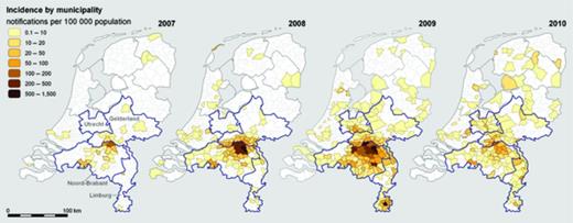 Incidence of notified Q fever patients by municipality in 2007, 2008, 2009 and 2010.