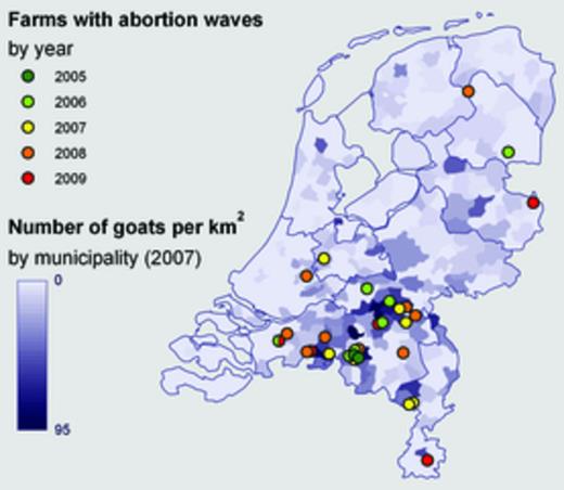 Locations of dairy goat farms (n = 27, including one farm infected twice) and dairy sheep farms (n = 2) with reported abortion waves caused by Coxiella burnetii, 2005–2010 (source: Animal Health Service). Since June 2008, notification of an abortion rate > 5% on large dairy goat and sheep farms has been mandatory.