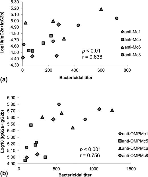 Relationship between serum subclass antibodies responsible for complement activation and complement-mediated bactericidal activity was analyzed by Spearman rank coefficient. Each spot represents a serum with the titer of bactericidal activity ( x-axis) and its corresponding titer of serum IgG2a + IgG2b expressed as mean log10 titer ( y-axis). There was a positive correlation between the total levels of IgG2a + IgG2b present in (a) anti-Mc sera or (b) anti-OMPMc sera and the bactericidal activities of those sera when analyzed both homologous and heterologous responses.