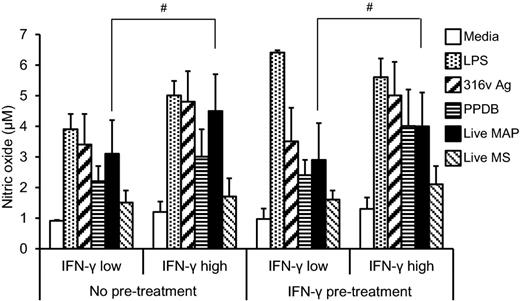 Nitric oxide responses of monocyte-derived macrophages cultured from MAP-exposed cattle, subgrouped into low and high IFN-γ responders. PBMC were isolated from the whole blood from MAP-exposed (n = 10) cattle and monocytes isolated by CD14+ selection using MACS®. The MAP-exposed cattle were subgrouped into low (n = 5) or high IFN-γ responders (n = 5), based on responses in the whole-blood MAP-specific IFN-γ assay. Cultured bovine macrophages were incubated with LPS (25 ng/mL), MAP 316v antigen (316v Ag) or M. bovis antigen (PPDB) (100 μg/mL), live MAP or M. smegmatis strains at an MOI of 1:1 (viable count) for a period of 48 h, without pre-treatment or after IFN-γ pre-treatment for 1 h. Data are the mean plus standard error of the mean of three replicate cultures from one out of two independent experiments. Hash denotes a significant increase (P ≤ 0.05) in nitric oxide response to incubation with live MAP in the high compared to the low IFN-γ responder subgroup, with or without IFN-γ pre-treatment.