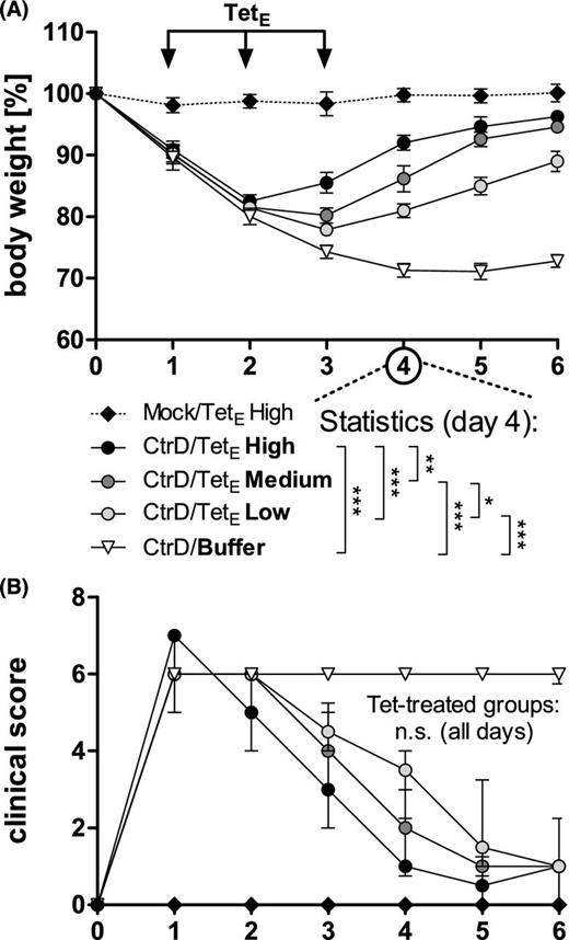 Dose–response in early treatment with tetracycline i.p. of body weight and clinical score of C57BL/6J mice after lung infection with C. trachomatis serovar D and early treatment with different dosages of tetracycline i.p. (TetE). Mice were intranasally (i.n.) infected with 8 × 106 IFU (of a new preparation) of C. trachomatis (CtrD) or mock material (Mock) and subsequently monitored until they were euthanized on day 6 p.i. Tetracycline was applied once a day on days 1–3. In this experiment 20 (TetE High), 5 (TetE Medium), and 1.25 (TetE Low) mg kg−1 body weight tetracycline or buffer (NaCl) were used. (A) Body weight is depicted as means ± standard errors of the means. (B) Clinical score values are depicted as medians ± interquartile ranges. Asterisks indicate (for day 4 p.i. as example) significant differences between the infected groups: *P = 0.05; **P = 0.01; ***P = 0.001; n.s. = not significant. On days 3 and 5, and partially also on day 6 p.i., depending on the varying dosages of tetracycline there were also significant differences between the body weights of several CtrD-infected groups (see also Table S1, Supporting Information).