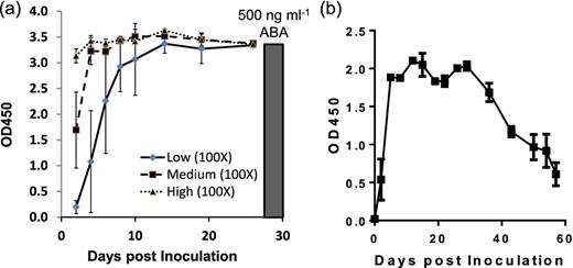 Serum ABA levels in mice transduced with rAd-ABA. (a) Mice were i.v. injected with 109 (low), 1010 (medium) or 1011 (high) PFU of rAd-ABA. Serum samples were collected over 25 days and serum levels of ABA was measured by ELISA. The data show the mean OD values of serum samples (100× dilution) from three mice. The black bar shows the OD value of purified ABA (500 ng ml–1). (b) Mice were i.v. injected with 1010 PFU of rAd-ABA. Serum samples were collected over 60 days and serum levels of ABA was measured by ELISA.
