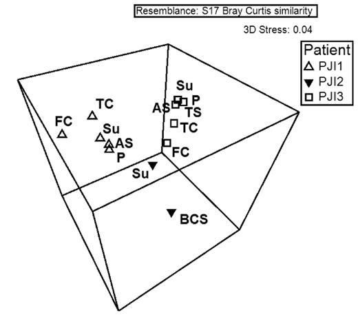 ANOSIM between cases based on species data. Note: on boxes for PJI-3, components P and TS overlap. Su—suture, FC—femoral component, TC—tibial component, P—patellar component, AS—articulating surface, BCS—bone cement spacer, TS—tibial screws.
