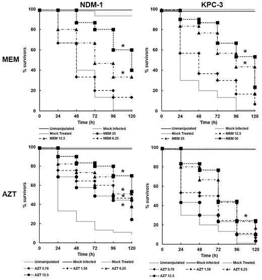 Effect of treatment with zidovudine (AZT) or meropenem (MEM) on survival of G. mellonella larvae infected with K. pneumoniae strains. Groups of larvae were mock ‘infected’ with sterile PBS, or 5.6 × 105 cells of the NDM-1 strain, or 9.1 × 107 cells of the KPC-3 strain. 2 h post-infection (p.i), a single dose of either MEM or AZT was administered (dose in mg/kg is the number shown on the figure). The mock ‘treated’ group represents infected larvae treated with sterile PBS. Larval survival was measured over a period of 120 h at 37°C. * indicates significantly enhanced survival compared to the mock ‘treated’ group (P < 0.05, log rank test with Holm correction for multiple comparisons); n = 30 (pooled from duplicate experiments).