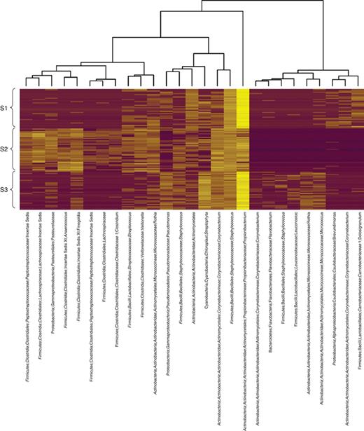 Heatmap of the log relative abundance of 27 OTUs forming the unique microbial fingerprint of each subject in the FSH benchmark. The OTUs were selected by the ENET classifier for assigning hand, fingertip, and keyboard microbial communities to the correct host. The ENET parameters (α, λ) were tuned using 10-fold cross-validation on the entire data set; using these parameters, the final model was then trained on the entire data set. OTU lineages were assigned by the Ribosomal Database Project classifier. Rows in the heatmap are standardized to zero mean and unit variance. Hierarchical clustering of columns was performed with Ward's method; rows were sorted by subject.