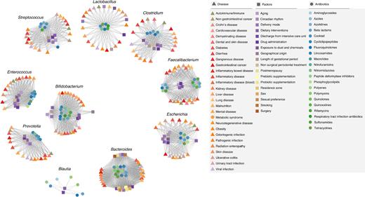 Network summary of all the interactions of the main conditions influencing our microbes reviewed herein: Diseases (triangle), other local and external factors (square), and antibiotics (circle). Only the top 10 most influenced genera were included. Node colours illustrate subcategories within each group of influence considered (see the legend for colour code), and links show similar patterns of action of conditions and condition types.