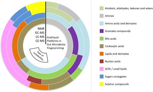 Percentage of each type of metabolite found to be biologically relevant in gut microbiota fingerprinting per analytical platform, represented as concentric circles (NMR, GC-MS, LC-MS and CE-MS respectively sorted from the outside to the inside). For full details, see Table S1.