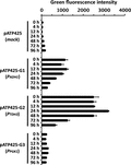 Time courses of green fluorescence intensities of YPH499 yeast cells transformed with pATP425-based TagGFP2 single expression plasmids. All transformants were grown in SD selectable media for up to 96 h. The mean values of the green fluorescence signal of 10 000 cells are displayed. Mock cells were transformed with the control pATP425 vector without TagGFP2 gene. Error bars represent the standard deviations of three independent transformants.