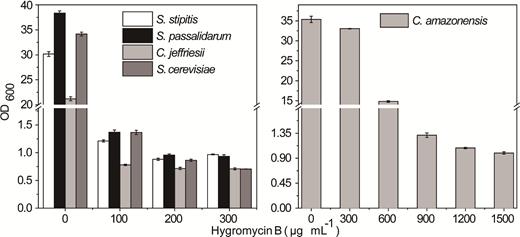 The growth condition of tested yeasts shown in media with different concentrations of hygromycin B. Histograms represent the effect of different concentrations of hygromycin B on the tested yeasts.