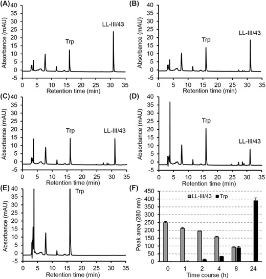 Time course for degradation of LL-III/43 by Candida albicans ATCC MYA-2876 proteases followed by RP-HPLC at 280 nm. (A) 0 h, (B) 2 h, (C) 4 h, (D) 8 h, (E) 24 h. Panel F shows quantifications of LL-III/43 and tryptophan (Trp) in terms of their peak areas during the time course.