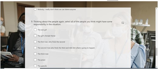 Screenshot of online form showing the visual framings of questions relating to students’ reactions to tale 55 of the Cent Nouvelles nouvelles in the context of the Covid-19 pandemic. Form created by Catherine Emerson. Photograph by Pavel Danilyuk, courtesy of Pexels.