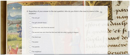 Screenshot of online form showing the visual framing of questions relating to students’ reactions to tale 55 of the Cent Nouvelles nouvelles in the historical context of the text studied. Form created by Catherine Emerson. Image courtesy of University of Glasgow Archives & Special Collections: MS Hunter 252.