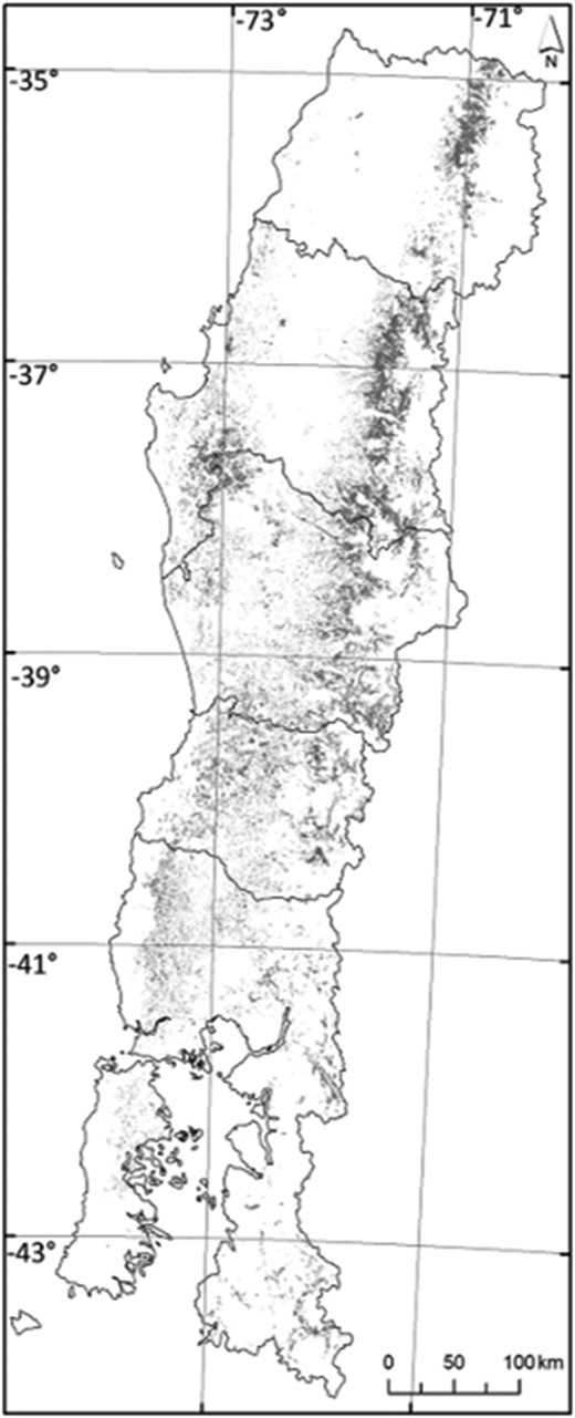 Geographic distribution of the Roble-Rauli-Coihue forest type in Chile.