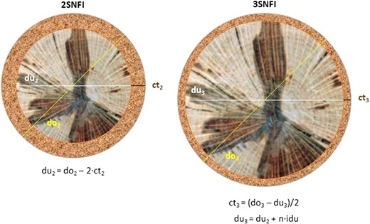 Explanatory diagram to clarify the estimation of the diameter under cork dui in each SNFI. ct2 is the measured cork thickness for trees on which this measurement was taken in the 2SNFI, while for the rest of the trees in the same plot this figure is taken as the arithmetic mean of the cork thickness of the inventoried trees. doi is the diameter over cork, which is the only variable that was measured on all trees at both SNFI. N is the number of years between the 2SNFI and the 3SNFI. idu is the annual diameter increment which is estimated using the model developed by Sánchez-González et al. (2006).