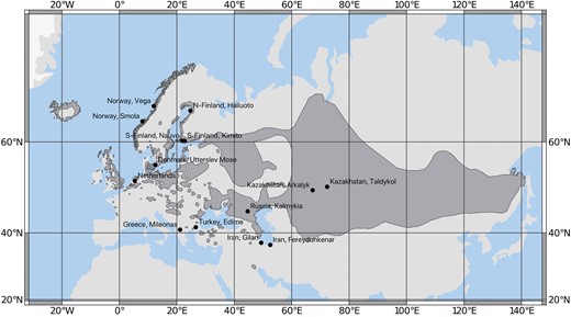 Map showing the sampling sites for wild graylags used in this study. The breeding area of the species is shown on darker gray. The sampling sites in Kazakhstan were combined for analyses (one sample per location) and the sampling sites in Southern Finland included combined samples from the geographically close sites of Västanfjärd, Nauvo (shown) and Kimito (shown). The Iranian samples were collected during the wintering season. Map modified from IUCN (“BirdLife International and Handbook of the Birds of the World (2016) 2016. Anser anser. The IUCN Red List of Threatened Species. Version 2018-1”).