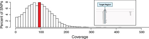 Distribution of sequence coverage per targeted SNP position. Extreme coverages above 500X are not shown. For each targeted SNP position, the average coverage was calculated across all libraries. The mean coverage per targeted SNP was 96X (highlighted in red), with ∼93% of SNPs falling within the acceptable coverage thresholds (20–1000X coverage). Average coverage of the target regions, including the entire sequences covered by the probes, was 90X, while the average coverage of the nontargeted space was 0.44X, corresponding to a 203-fold enrichment of the target sequences. (Inset) Typical Integrative Genomics Viewer (IGV) image of reads mapping to a targeted SNP. As expected, the captured SNP (denoted at a dashed vertical line) is covered by many reads, while few reads map off-target.