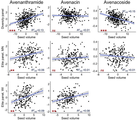 Relationship between specialized metabolites and seed size in the diversity panel (evaluated only in New York) and elite panel evaluated in Minnesota (“MN”) and Wisconsin (“WI”). Data are not available for the elite panel evaluated in South Dakota. For each metabolite class, an example was chosen where “Avenanthramide” refers to avenanthramide B, “Avenacin” refers to avenacin A1.1, and “Avenacoside” refers to avenacoside A (Supplementary Table S1). Model results for all metabolites are presented in Supplementary Table S9. The ***P < 1E−6, **P < 1E−3, and “ns” indicates P > 0.05.