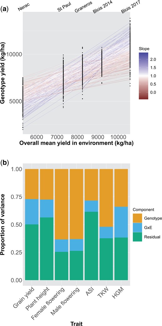 a) Mean yield of all genotypes in each environment. On the x-axis environments are plotted by the mean yield across all genotypes in that environment. Points are mean yields of individual genotypes. Lines are the slope of a genotype’s mean yield in each environment on the mean yield of all genotypes in that environment. The color of the line corresponds to the slope; a slope greater (or less) than one indicates a genotype more (or less) responsive to the environment than average. b) Restricted maximum likelihood estimates of variance components for each trait across all environments.