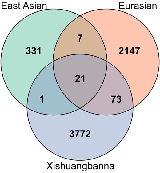 Venn diagram for selective sites in cultivated populations. Variants with Benjamini–Hochberg-adjusted P values less than 0.01 were identified as selective sites. A Venn diagram was generated using the package VennDiagram v1.6.20 (Chen and Boutros 2011).