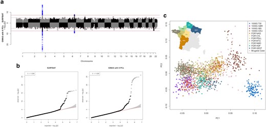 Association analyses of the Brugada dataset. a) Miami plot comparing a GWAS: 346 Brugada-case individuals with 1,260 control individuals (NFE + FGR) adjusted for 6 PCs and where both cases and controls have WGS data (bottom); against SURFBAT: 346 Brugada-case individuals with only genotyping array data are compared with the WGS data control group (NFE + FGR) (top). Results are given for a set of 7,209,684 variants; having excluded variants with a minor-allele frequency below 1% in the case group or with an imputation “info” score below 0.3. Full horizontal lines indicate genome-wide significance (5e−8), dashed horizontal lines indicate the suggestive threshold (1e−5). b) qq-plots pertaining to a). c) PCA of all individuals involved, round points denote the control individuals with colors pertaining to different populations within Europe and between different regions in France for the FGR samples: TSI, Toscani in Italy; CEU, Utah residents with Northern/Western European ancestry; GBR, British from England and Scotland; IBS, Iberian populations in Spain; NAQ, Nouvelle Aquitaine; BTG, Bretagne; NMD, Normandy; HDF, Hauts de France; PDLL, Pays de la Loire; GEST, Grande Est. An inset of the map of France is added to show the locations of the different French regions. Brugada case individuals are marked with crosses.