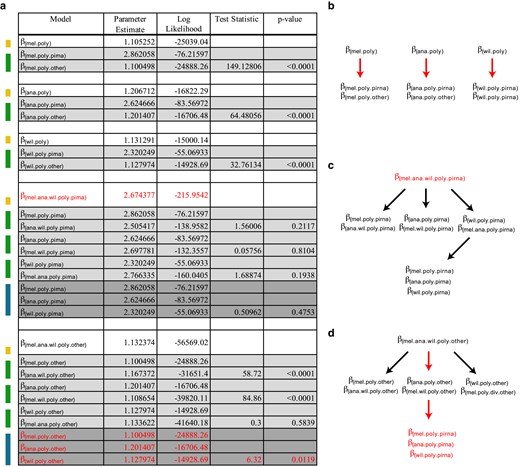 Model testing for differences in the N:S polymorphism odds across each of the 3 species with respect to piRNA genes and other genes. a) Colors on the left indicate nested models being tested against models indicated above. Yellow indicates a single parameter model, green indicates a 2-parameter model and blue indicates a 3-parameter model. Three-parameter models were tested against the 2-parameter model with the highest likelihood. P-values were determined based on the LRT statistic, using the χ2 distribution with degrees of freedom equal to the number of additional parameters. In all cases, the number of additional parameters for each test was equal to 1. Red indicates the parameters of the final model selected. Here, a single joint value for N:S odds was chosen for polymorphism in the piRNA machinery of all 3 species. Unique, albeit highly similar, N:S polymorphism odds were selected for all other genes for each species. b–d) Structure of LRT. Red arrows indicate a nested LRT that favors an additional parameter. Red text indicates the final selected parameters for the chosen model. b) Considering support for a 6-parameter model of divergence and polymorphism for each species (Fig. 2), hypothesis testing finds support for distinct polymorphism parameters for the piRNA machinery of each species, compared with other genes. c) To ensure robust nested testing, we explicitly tested support for a unique polymorphism parameter across the piRNA machinery of each species, but only find support for a single parameter estimated for D. melanogaster, D. ananassae and D. willistoni. d) Further nested hypothesis testing for other genes finds support for a unique, albeit highly similar, parameter for each species. Final model choice is shown with 4 parameters in red text.