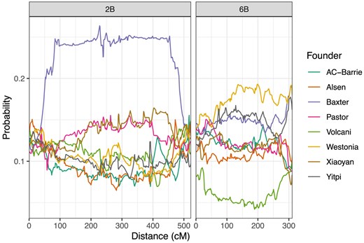 Average genetic composition across the entire population, for chromosomes 2B (left) and 6B (right).