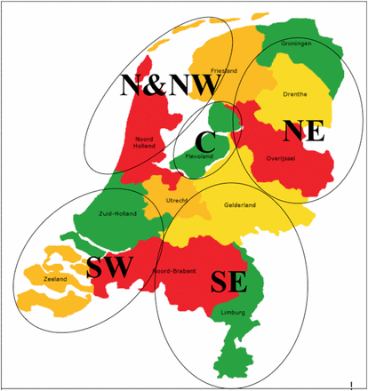 Map of the Netherlands showing the regions where the P. infestans isolates analyzed in this study were sampled.