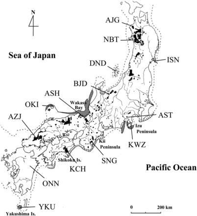Natural distribution of Cryptomeria japonica in Japan (shaded areas) (Hayashi 1951) and the locations of the 14 natural populations surveyed in this study. The dotted line indicates the coastline approximately 18,000 years ago. Areas shaded in bold or within thin diagonal lines indicate established refugia (Izu Peninsula, Wakasa Bay, Oki Island, and Yakushima Island) and probable refugia, respectively, at that time (Tsukada 1986).