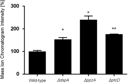 Gliotoxin (GT) detection in wild-type, ΔdspA, ΔppzA, and ΔptcD. The quantitative values represent the normalized intensity of GT determined by its diagnostic mass ion chromatograms (m/z 327). The bars represent the mean of three samples and error bars represent SE. The asterisks indicate statistical analysis using unpaired t-test (*P < 0.05 and **P < 0.01 when compared to the wild-type strain).