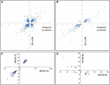 Patterns of gene transcription regulation in white adipose tissue by GK/BN polymorphisms in GK and BN rats and in congenic strains. Conserved gene expression patterns between BN.GK congenic rats and controls and between GK and BN rats are shown for all differentially expressed genes (A) and those localized in congenic intervals (B). Conservation of gene expression changes in congenics targeting overlapping genomic regions is illustrated by plotting expression ratio in strains BN.GK1b and BN.GK1f (C) and in reciprocal strains BN.GK8b and GK.BN8a (D). Full details of differentially expressed genes are given in Table S4.