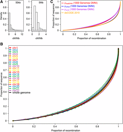 Recombination rate in the African population (YRI). (A) Histograms of the recombination rate for the whole autosomal genome at 50-kb and 5-Mb scales, respectively. (B) Proportion of recombination in different fractions of the sequence. Each colored line represents one chromosome, while the black line denotes the whole autosomal genome. (C) Concentration of recombination in a small proportion for the four genetic maps.