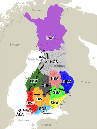 Locations of 1042 samples and the 12 Finnish provinces (1996 definition). Each sample is at the mean of parents’ coordinates. LAP: Lapland, NOS: Northern Ostrobothnia, OST: Ostrobothnia, CNF: Central Finland, NSA: Northern Savonia, SSA: Southern Savonia, NKA: Northern Karelia, SKA: Southern Karelia, TAV: Tavastia, SWF: Southwestern Finland, SOF: Southern Finland. Kainuu is a subregion of NOS. The dashed line divides Finland into an early-settlement area (south and west of the line) and a late-settlement area (north and east of the line) (Jutikkala 1933). Cities of Helsinki, Turku, and Oulu are marked with black diamonds.